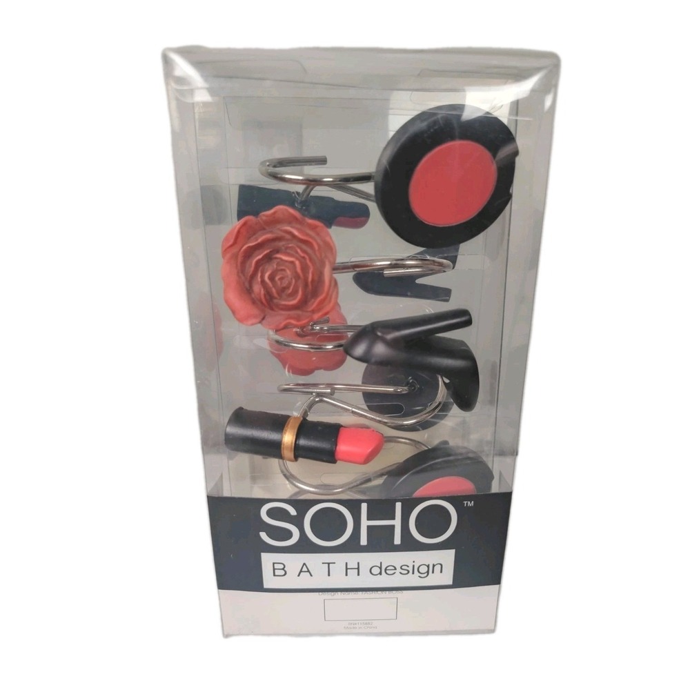 Glam Shower Curtain Hooks Set Lipstick Heels Rose Bath Decor Fashion Vanity